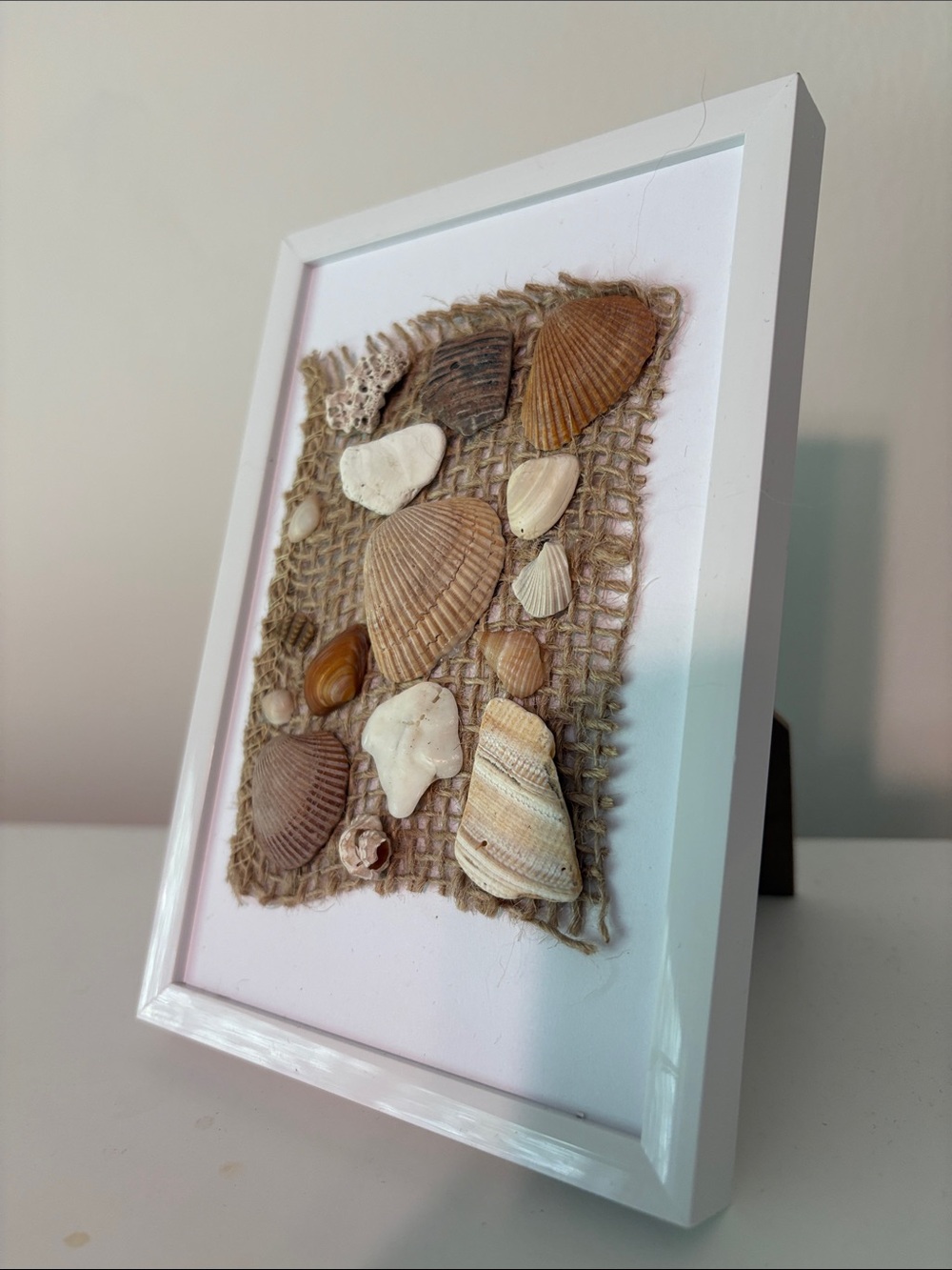 Handmade Seashell Burlap Wall Art - Natural Beige Framed Decor